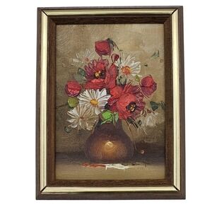 Vtg Miniature Acrylic Floral Still Life Vase Painting on‎ Wood Framed & Signed